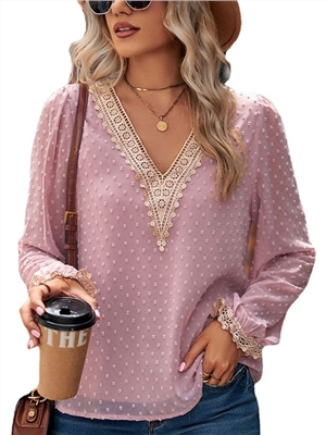 Solid color lace v-neck long sleeve casual blouses