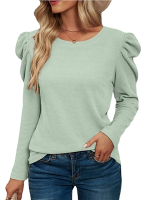 Women solid color long sleeves pleated round neck casual blouses