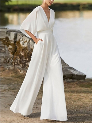 Women solid color deep v-neck elegant party jumpsuits