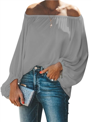 Women solid color off the shoulder balloon long sleeves casual blouses
