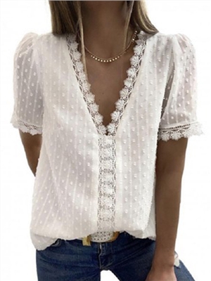 Solid color lace long sleeves V-neck  elegant blouses