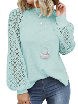 Solid color lace long sleeves round neck elegant blouses