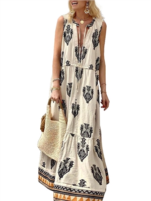Summer print v-neck sleeveless boho A-line maxi dresses