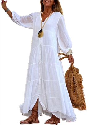 Summer and autumn boho solid color V-neck long sleeves cotton linen shift dresses