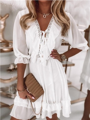 Solid color lace chiffon 1/2 sleeves A-line V-neck elegant dresses