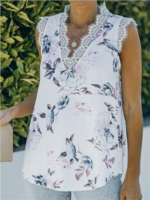 Flower print lace v-neck casual tank tops