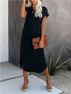 Solid color short sleeves shift V-neck  little black dresses