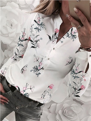 Floral print v-neck lantern sleeves button elegant blouses
