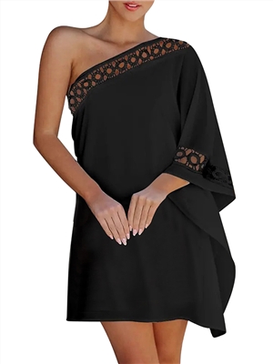 Solid color lace bat sleeves one shoulder above the knee shift party dresses