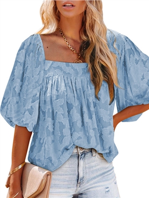 Solid color lace square neck puff sleeves elegant blouses