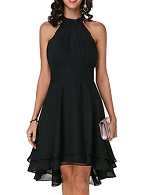 Solid color sleeveless A-line halter elegant chiffon above the knee dresses