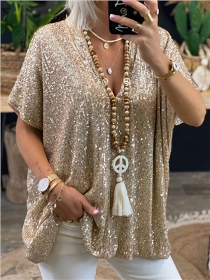 Sequin V-neck short sleeves casual blouses