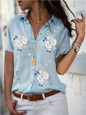 Floral print lapel button short sleeves shirts