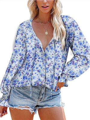 Floral print v-neck lantern sleeves button chiffon elegant blouses