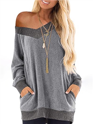 Color block v-neck long sleeves casual blouses