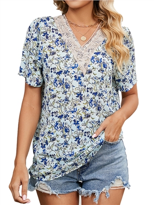 Floral print lace V-neck short sleeves blouses