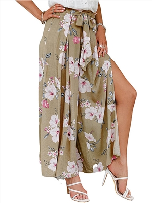 Women high-waist print bow pleated wide-leg pant