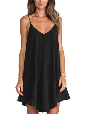 Loose Large size Pure Chiffon Strap Mid Length Black Dress