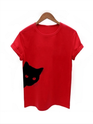Cat print round neck slim short-sleeved T-shirt