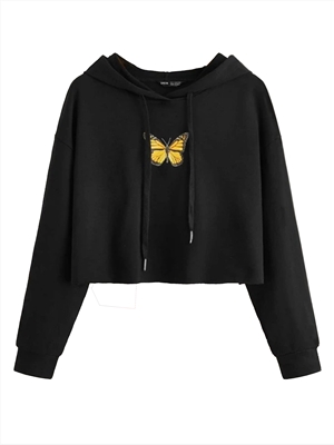 Women's blouse cropped short solid color printed round neck long-sleeved sweater