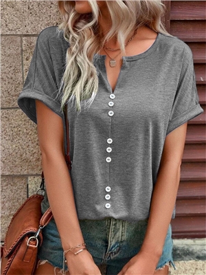 Solid color v-neck button short sleeve T-shirts