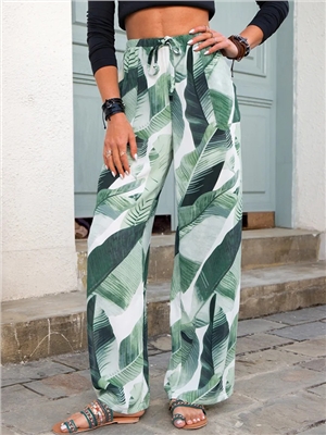 Print leaves high waist long boho wide-leg pants