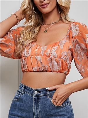 Floral print v-neck 3/4 sleeves chiffon sexy vacation backless ultra-short blouses
