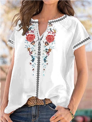 Floral print v-neck short sleeves boho blouses