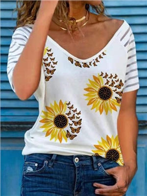 Butterfly sunflower print short sleeves v-neck casual blouses