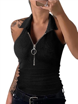 Solid color sleeveless lapel zipper vest