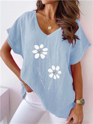 Floral print v-neck short sleeves casual blouses