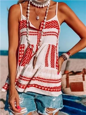 Print sleeveless chiffon beach striped button spaghetti straps tank tops