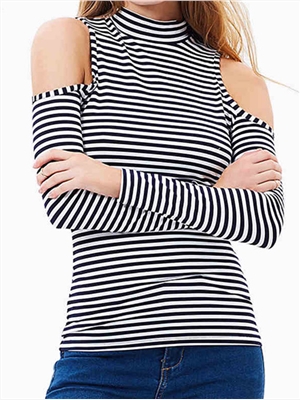 Fashion sexy off-shoulder thin all-match bottoming shirt high collar striped T-shirt