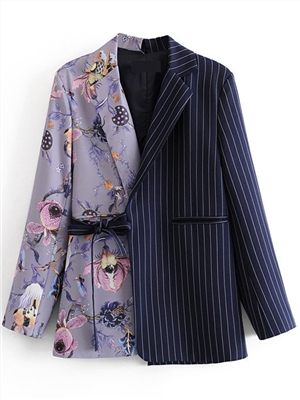 Women's Spring Loose Style Asymmetrical Striped Stitching Suit