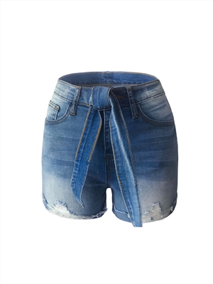 Ladies denim shorts with curled feet and rotten edges