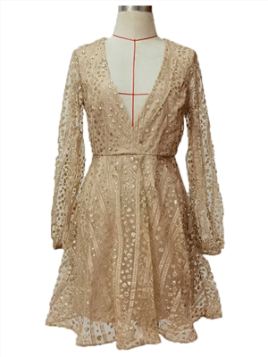 Women's summer new deep V long sleeve Sequin skirt dress