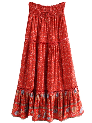 Rayon red sunflower positioning printing elastic waist hollow long swing skirt