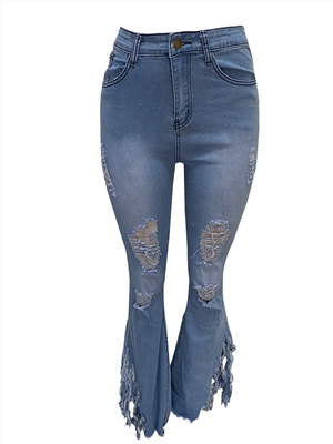 Women's washed jeans with ripped tassels