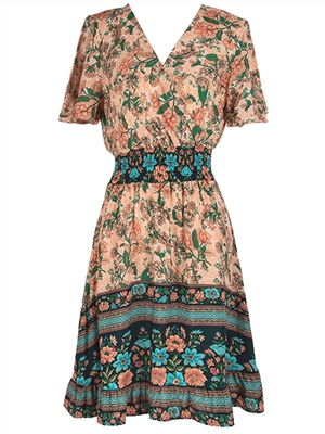 High waist V-neck short sleeve Bohemian print dress