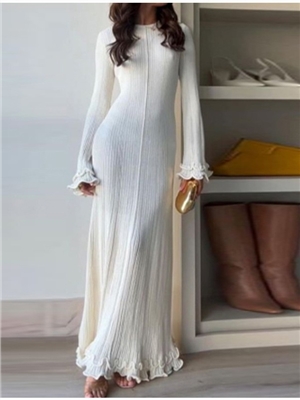 Elegant round neck long sleeved knitted long dress with slim fit and high waist, women's rolled edge long skirt