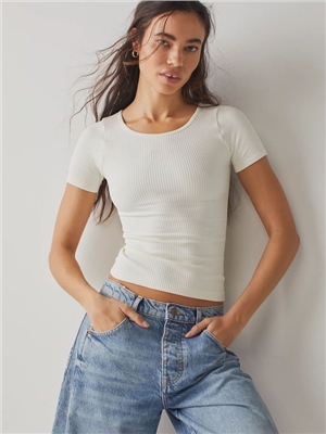 New women's solid color pit striped cotton comfortable round neck short sleeved T-shirt