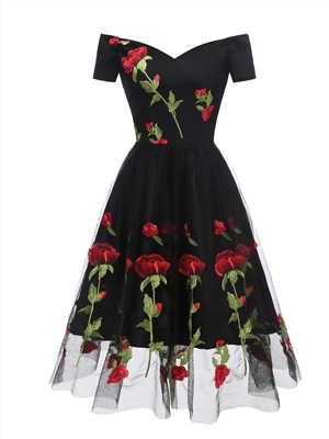 Party dress embroidered rose lace mesh dress
