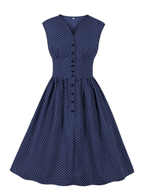 V-neck waist slimming button sleeveless polka-dot retro dress