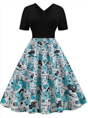 Retro women's clothing V-neck short-sleeved black upper body stitching musical note print big swing skirt cocktail dress slim dress