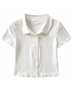 Design wavy stretch slim-fit short-sleeved T-shirt women's POLO collar single-breasted short cardigan top