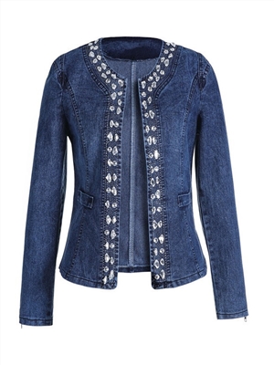 Denim jacket retro stretch sequined long-sleeved denim short jacket female trend