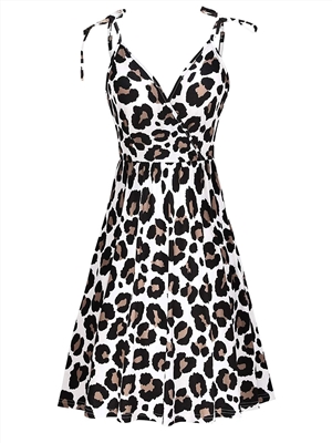 Ladies strapless sexy V-neck waist leopard print large-length mid-length dress