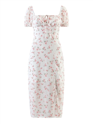 Square Neck Puff Sleeve Floral Slim Side Slit Dress