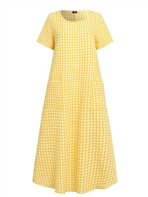 Short-sleeved extra-long plaid dress