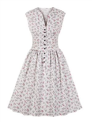 Ladies Single-breasted Printed V-neck Sleeveless High Waist Retro Dress